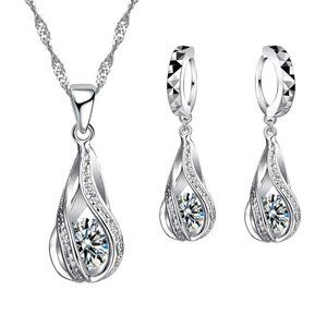 💎 Tear Drop Necklace And Earrings 925 Sterling Silver Set